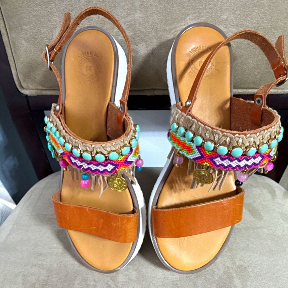 Justin Cace Women’s Leather Flat Sandals Brown Multicolor Beaded Fringe 39